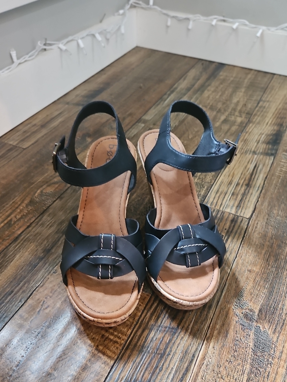 b.o.c Black Leather Women's Cork Wedge Sandals - Ankle Strap Slingback